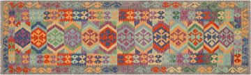 Flat Weave Kilim, Antique, Navaho, Vintage, Handmade, Geometric Kilim Blue Gray Hand-Woven Runner 100% Wool Area Rug 3 x 10